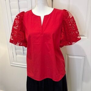 Mark New York Poplin Puff Red Lace Sleeve Women's Top Medium